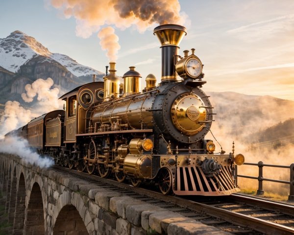 Vintage steam locomotive crossing a stone bridge at sunrise