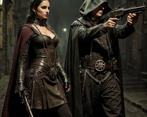 Atmospheric Alleyway with Confident Figures and Firearms