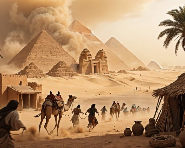 Desert Landscape with Pyramids and Caravan Scene