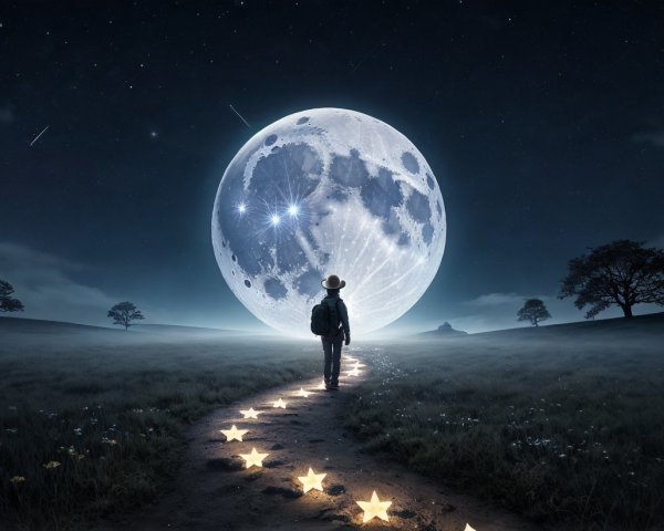 Lone Traveler on Winding Path Under Luminous Moon
