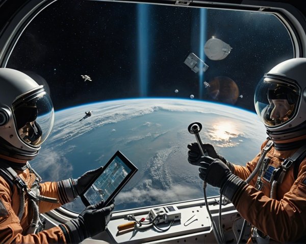 Astronauts in Spacecraft Observing Earth and Satellites