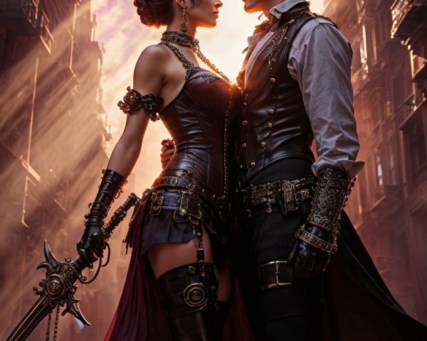 Steampunk Couple in Dramatic Face-off Scene