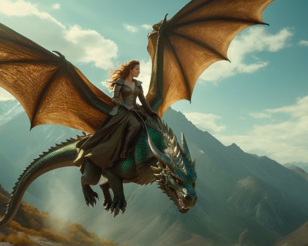 Dragon Soaring Over Mountainous Landscape with Rider