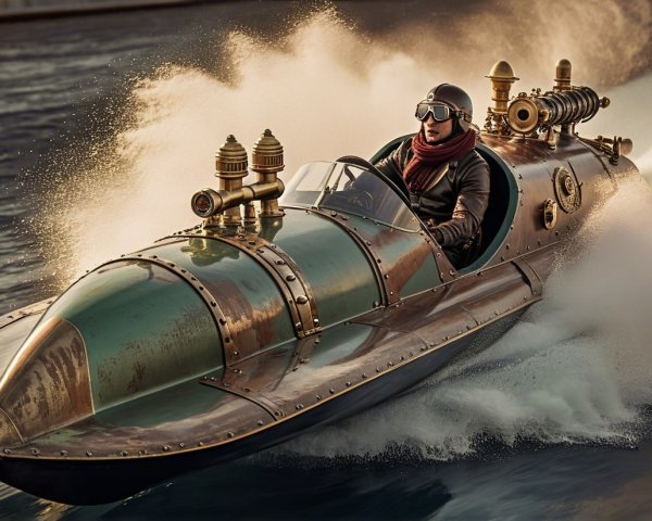 Steampunk Speedboat with Vintage Design and Pilot