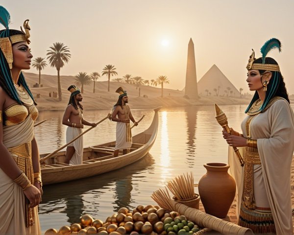 Ancient Egyptian Scene with Women, Pyramids, and River