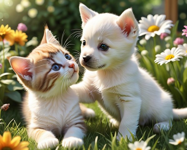 Colorful Garden Scene with Kitten and Puppy