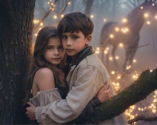 Children in a misty forest with glowing fairy lights
