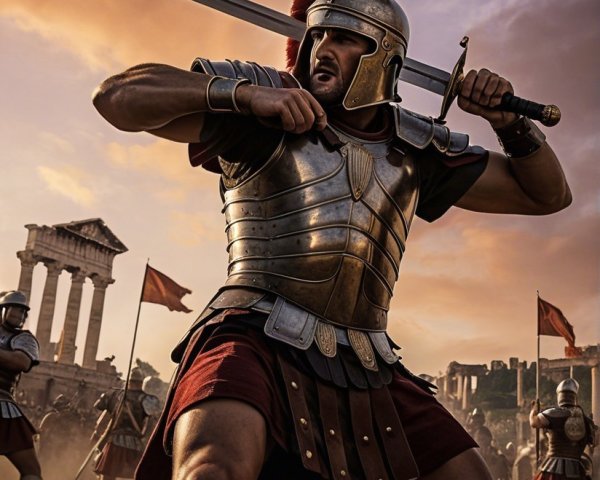 Roman Soldier in Ornate Armor Amidst Ancient Warfare