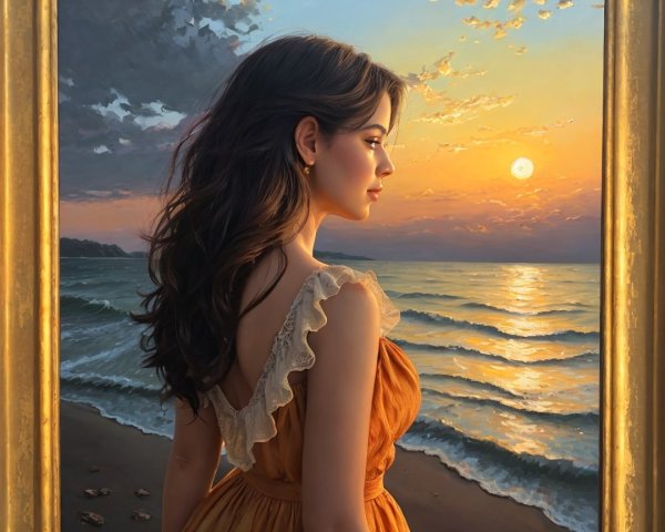 Young Woman by Ocean View at Sunset in Golden Frame