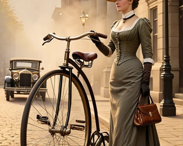 Vintage Dress and Penny-Farthing on Cobblestone Street