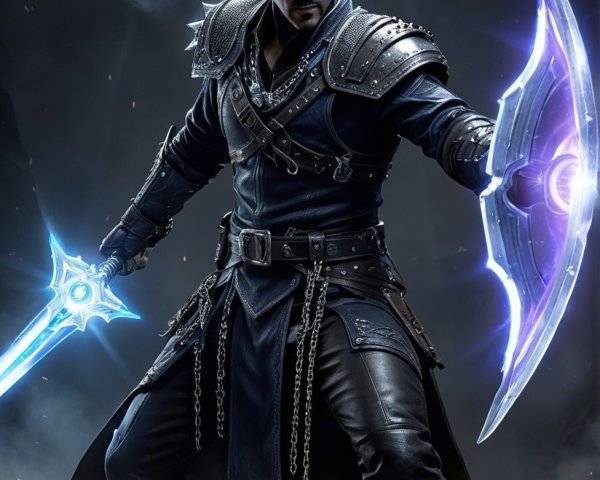 Fierce warrior in dark armor with glowing blades