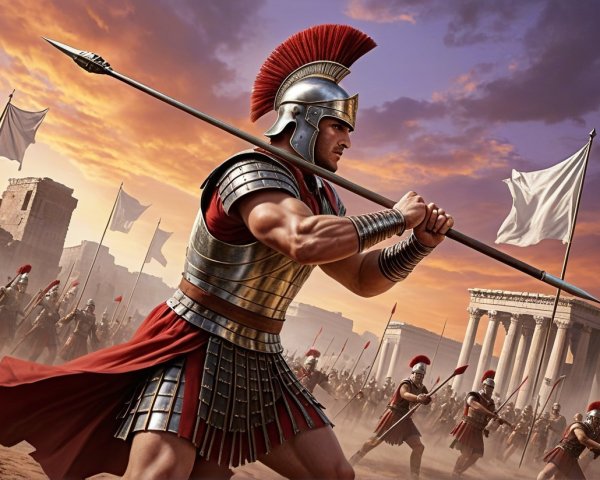 Muscular Warrior in Bronze Armor with Soldiers at Sunset