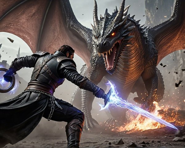 Heroic Battle Scene with Dragon and Warrior