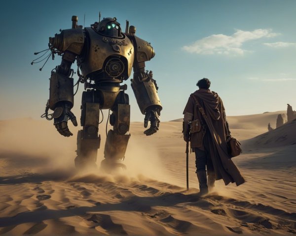 Lone Figure and Ancient Robot in Desert Landscape