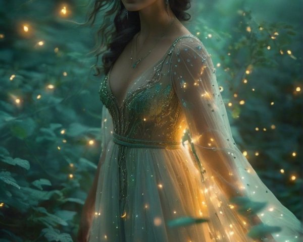 Woman in Ethereal Gown in Mystical Forest Setting
