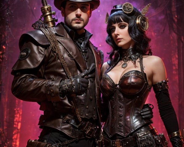 Steampunk Couple in Dramatic Adventure Setting