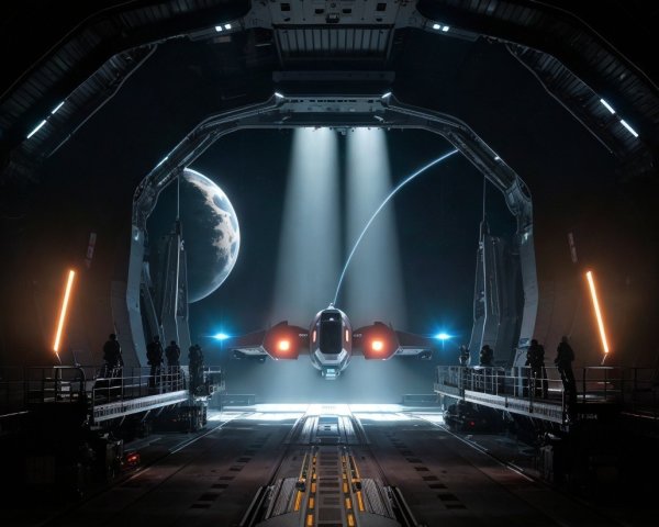 Futuristic Hangar with Sleek Spacecraft and Planet View