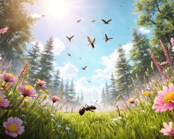 Vibrant Meadow with Colorful Flowers and Sunlight