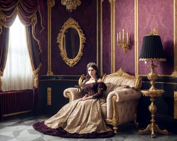 Elegant woman in ornate gown in richly decorated room