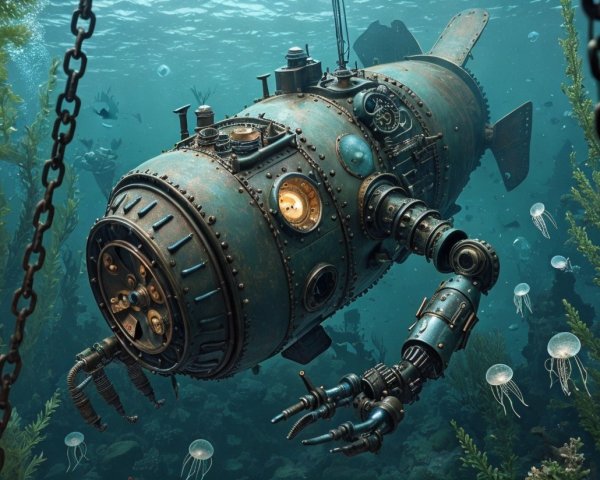 Steampunk Submarine in Vibrant Underwater Landscape