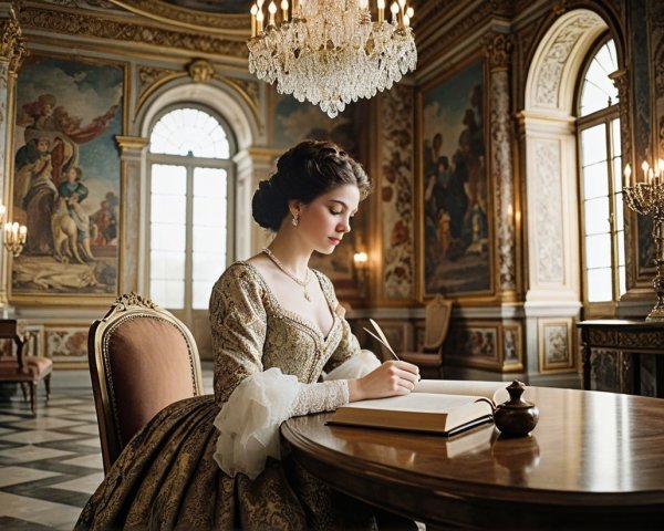 Elegant woman in historical gown at ornate table