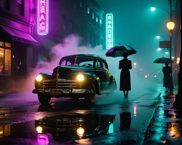 Vintage Car in Neon Lights on Foggy Street Scene