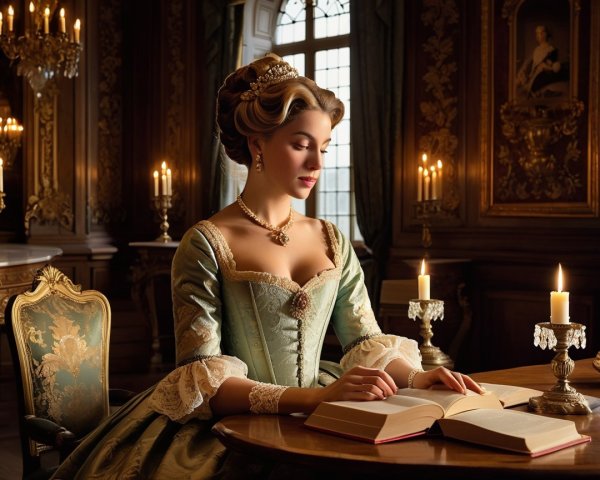 Elegant Woman in Pastel Gown in Candlelit Room