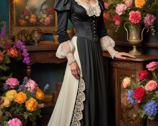 Woman in Antique Gown Beside Adorned Wooden Cabinet