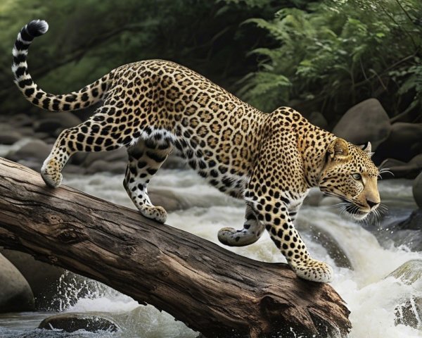 Leopard Walking on Log Over Rushing Stream