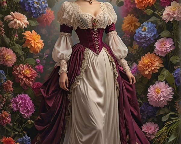 Victorian Dress Amidst Colorful Flower Backdrop