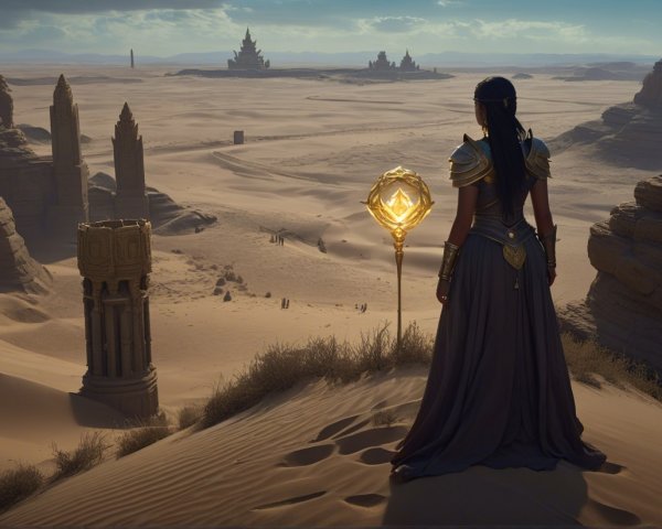 Lone Figure in Armor on Desert Dune with Structures