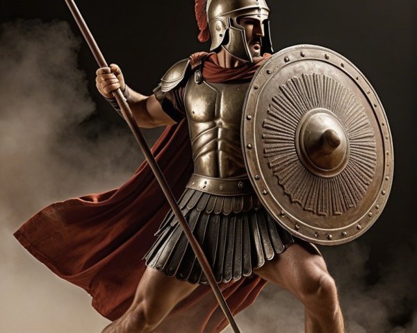 Muscular Warrior in Ancient Greek Armor with Shield and Spear
