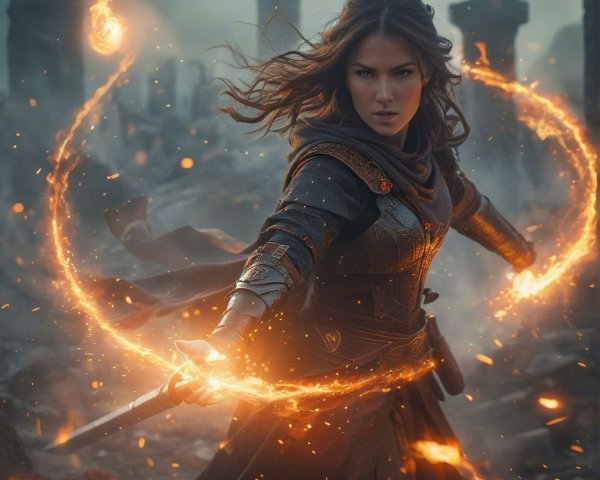 Fierce Warrior in Armor with Glowing Sword and Flames