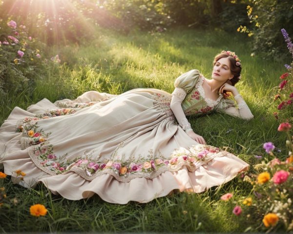 Elegant woman in vintage gown on green grass