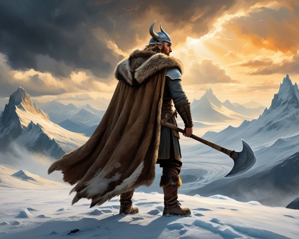 Viking Warrior on Snowy Peak with Dramatic Landscape