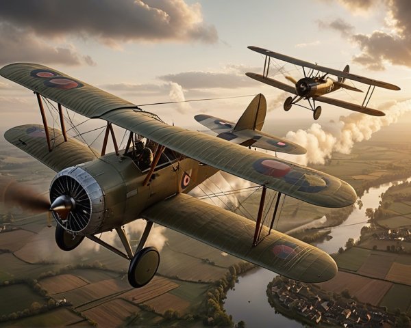 Vintage Biplanes Flying Over Sunset Landscape