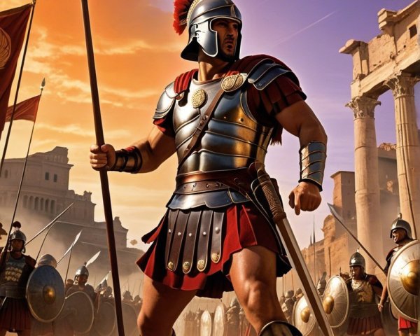 Heroic Roman Soldier in Ancient Battlefield Setting