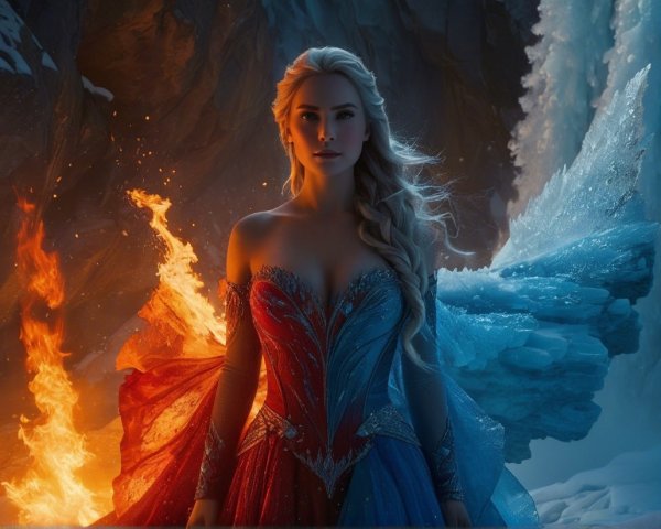 Figure of Fire and Ice in Elegant Gown Design