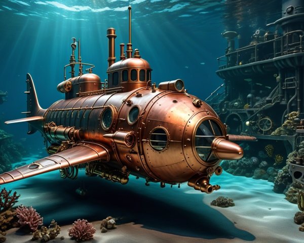 Steampunk Submarine on Ocean Floor with Coral Reefs