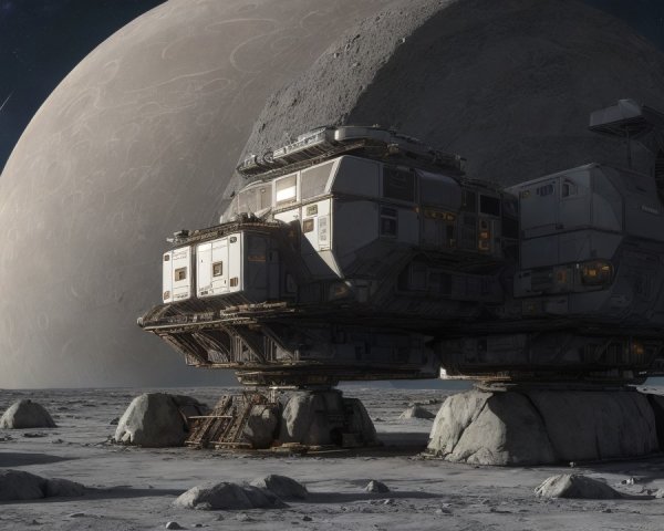 Futuristic spacecraft on rocky lunar surface at night