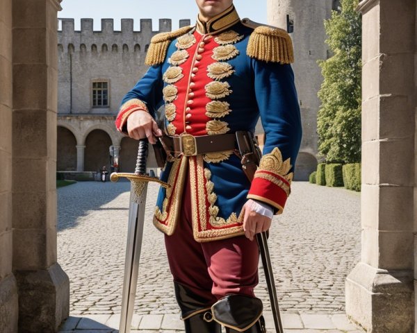 Regal Figure in Military Uniform at Castle Archway