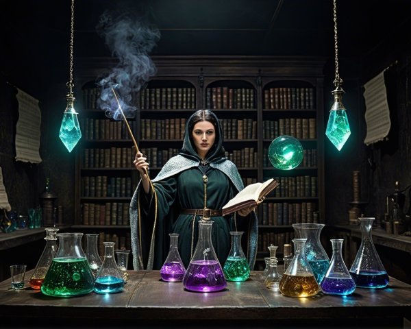 Alchemist's Lab with Colorful Potions and Mystical Glow