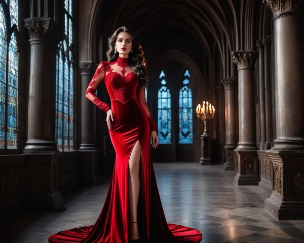 Woman in Red Gown in Gothic Hall Setting