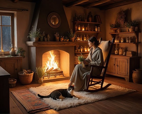 Cozy Interior with Woman by Fireplace and Cat