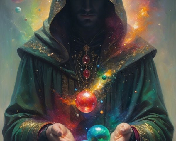 Cloaked Figure Surrounded by Cosmic Energy and Planets