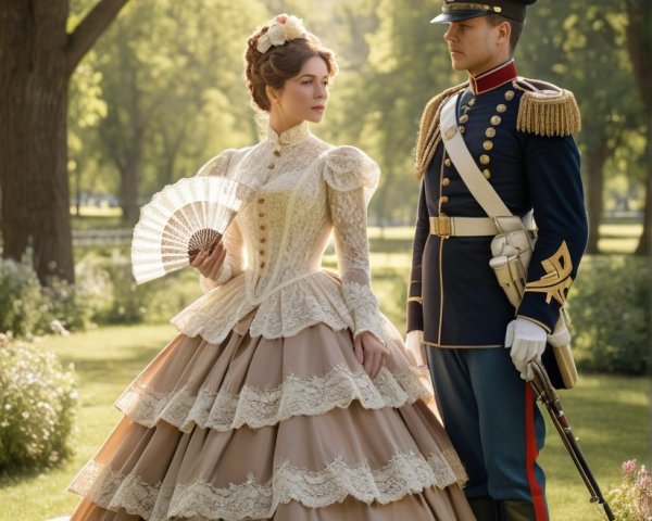 Woman in Lace Gown and Soldier in Military Uniform