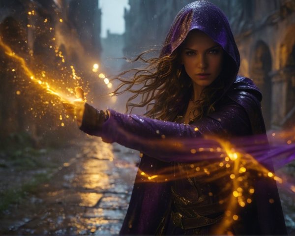 Young Woman Casting Spell in Mystical Alley