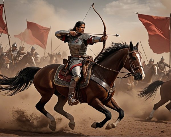 Warrior on Horse with Bow in Chaotic Battlefield Scene