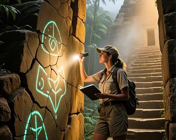 Young Explorer in Misty Rainforest with Ancient Symbols