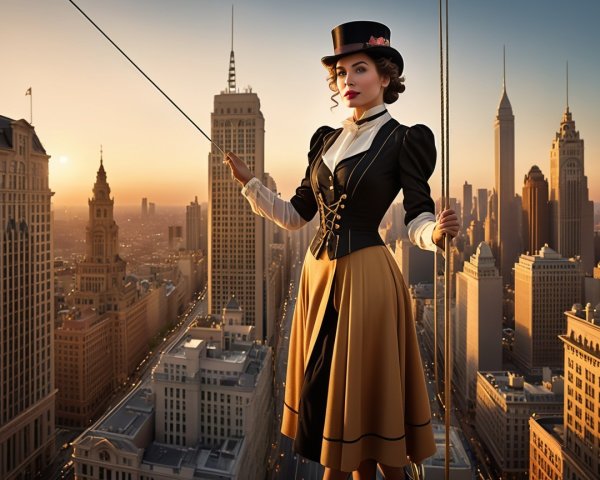 Confident Woman Balancing on Rooftop at Sunset